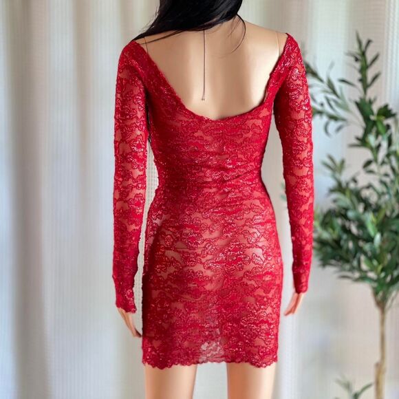Handmade Y2K Red Glitter Sheer Lace Mini Dress Long Sleeve Bodycon Clubwear XS/S - Picture 4 of 7